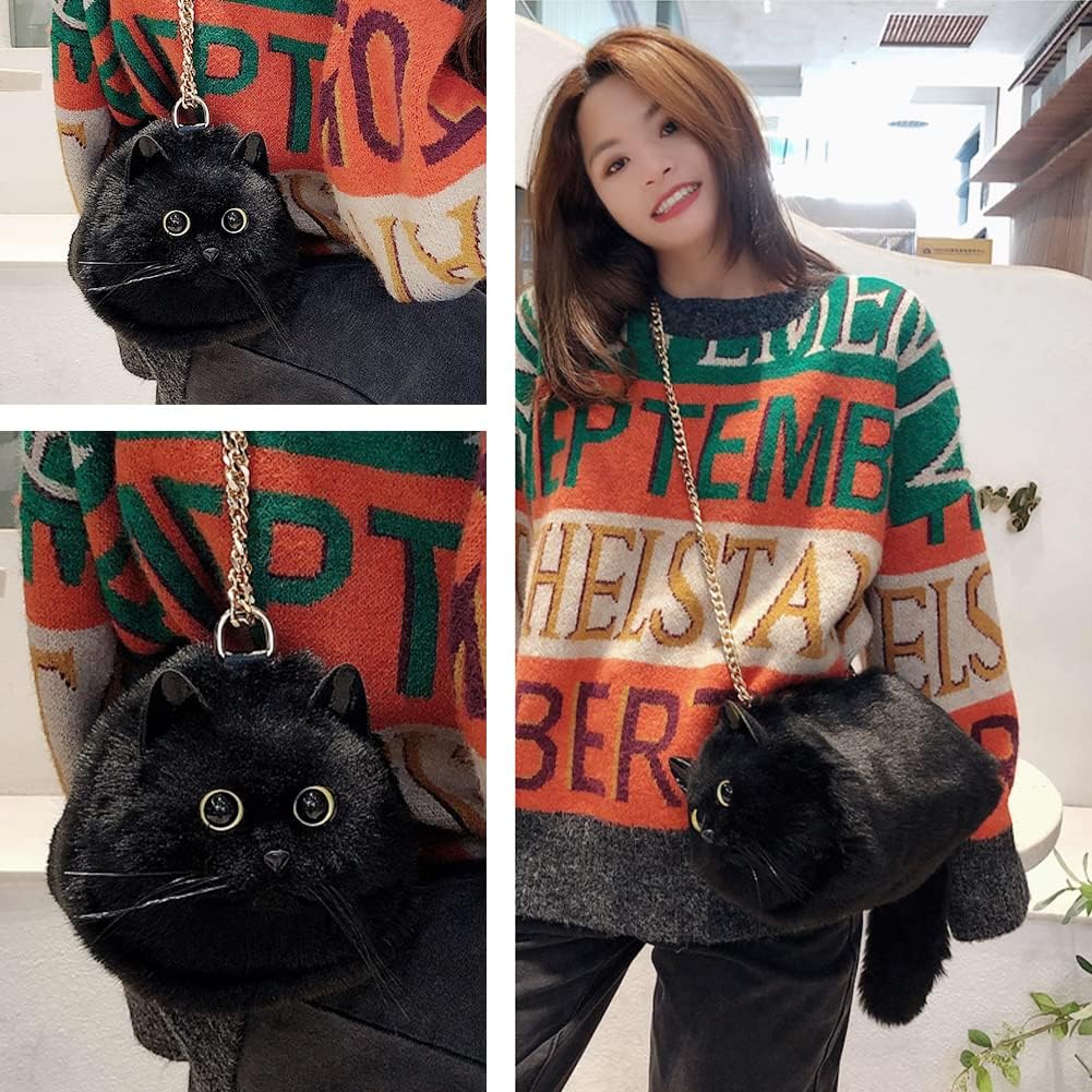 ふわもこ猫ちゃんハンドバッグ｜リアルなフェイスデザイン  (ブラック)