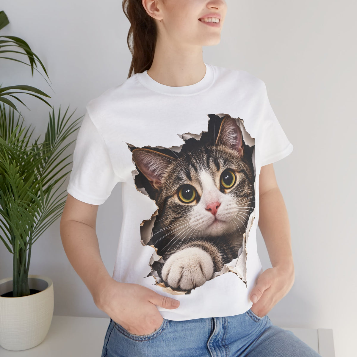 Curious Cat Breaking Through T-Shirt | Funny 3D Cat Tee