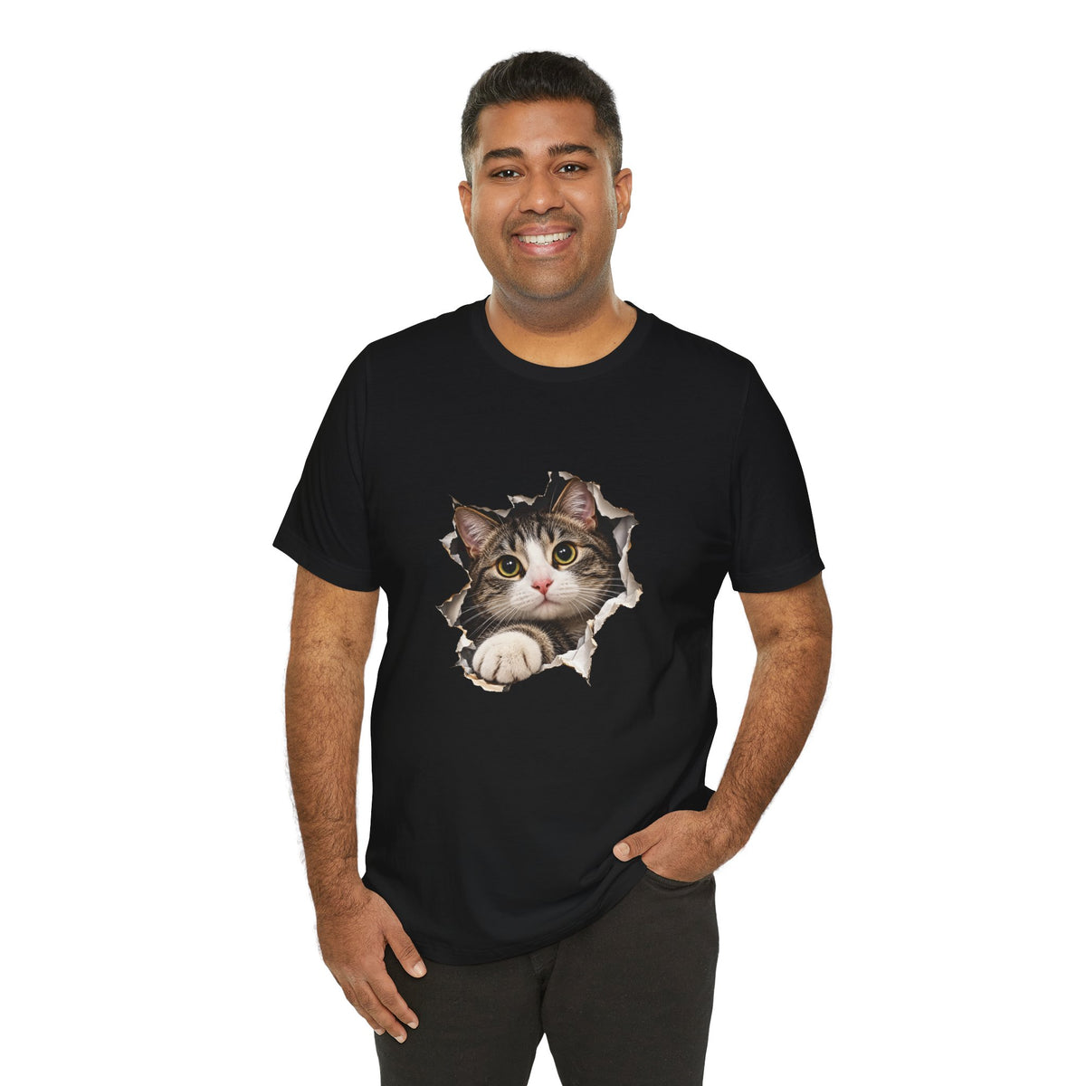 Curious Cat Breaking Through T-Shirt | Cute 3D Cat Tee – Small Design
