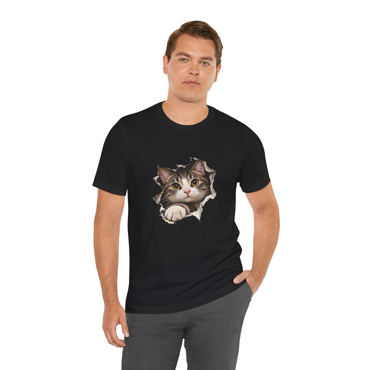 Curious Cat Breaking Through T-Shirt | Cute 3D Cat Tee – Small Design
