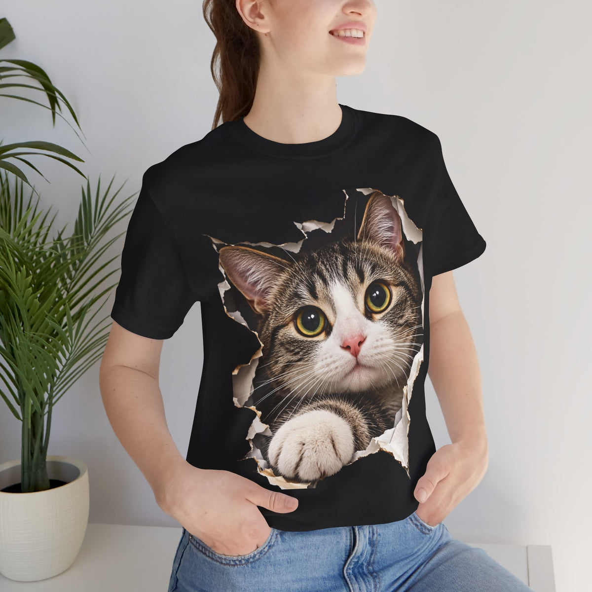 Curious Cat Breaking Through T-Shirt | Funny 3D Cat Tee
