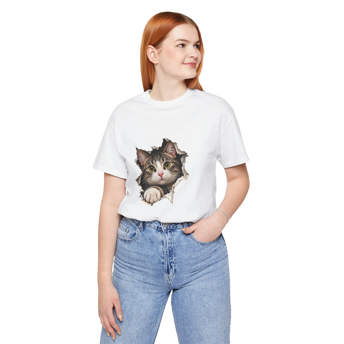 Curious Cat Breaking Through T-Shirt | Cute 3D Cat Tee – Small Design