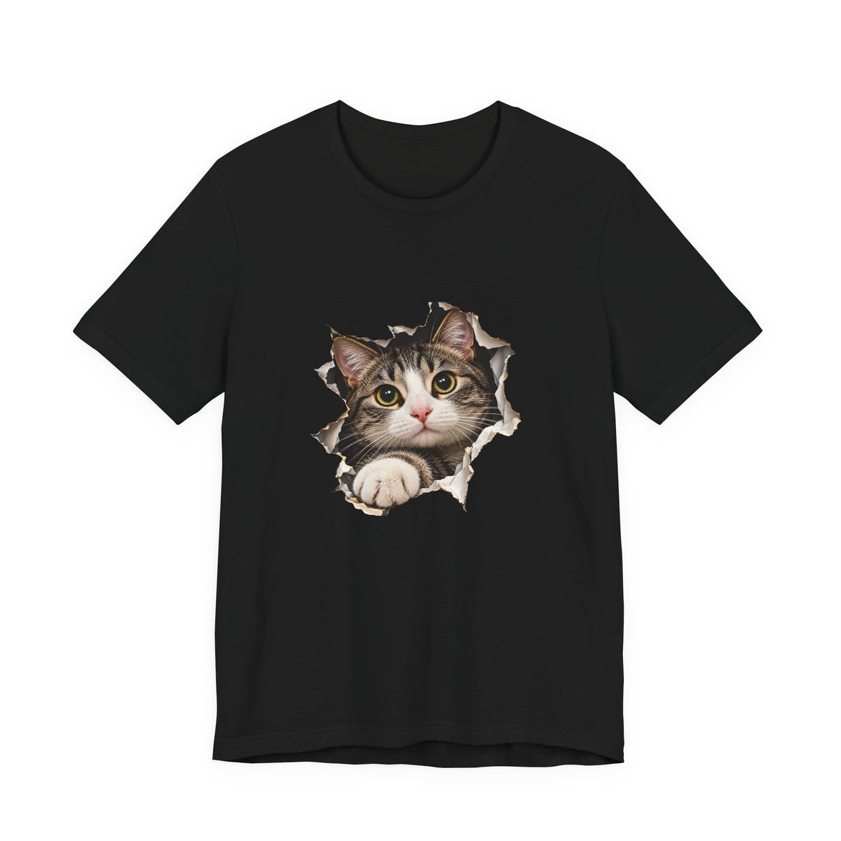 Curious Cat Breaking Through T-Shirt | Cute 3D Cat Tee – Small Design