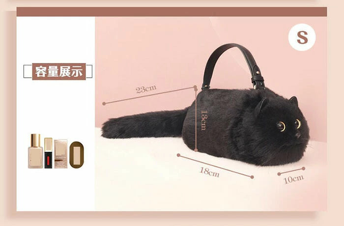 ふわもこ猫ちゃんハンドバッグ｜リアルなフェイスデザイン  (ブラック)