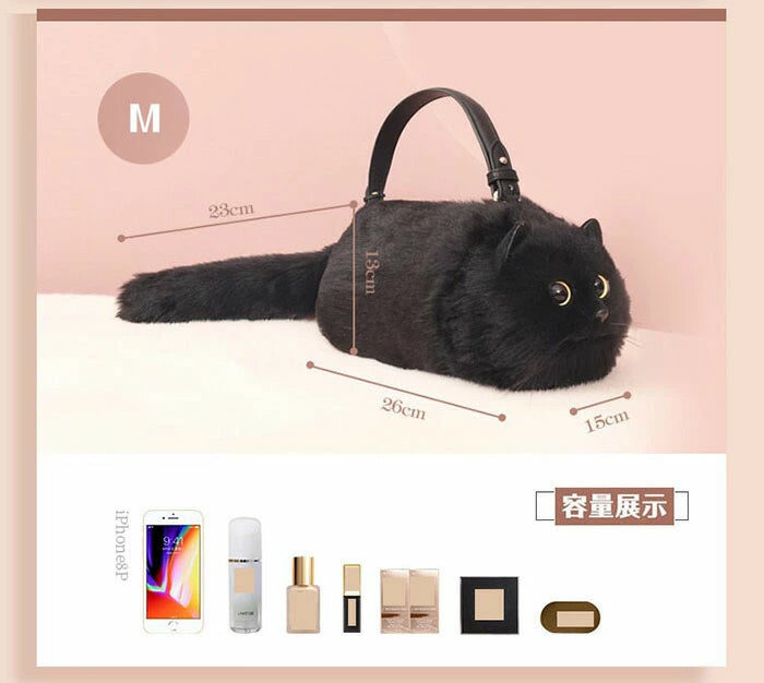 ふわもこ猫ちゃんハンドバッグ｜リアルなフェイスデザイン  (ブラック)
