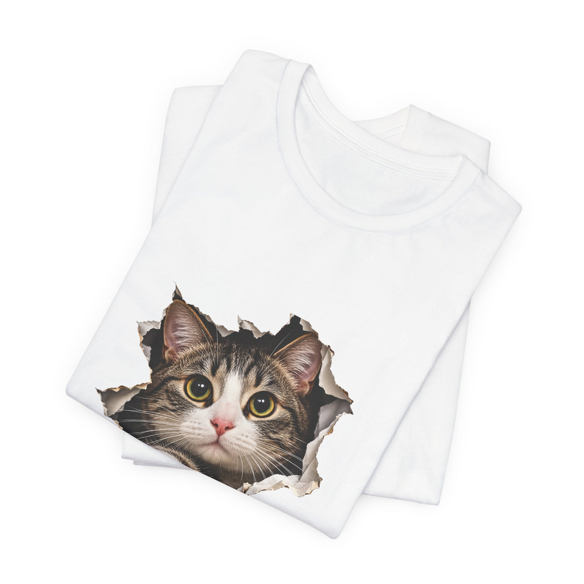 Curious Cat Breaking Through T-Shirt | Cute 3D Cat Tee – Small Design