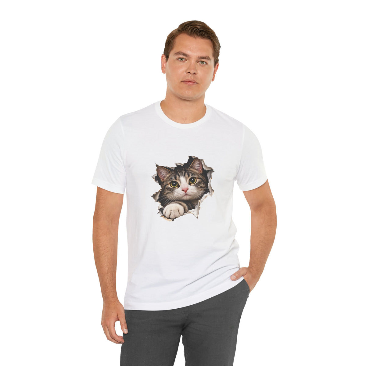 Curious Cat Breaking Through T-Shirt | Cute 3D Cat Tee – Small Design