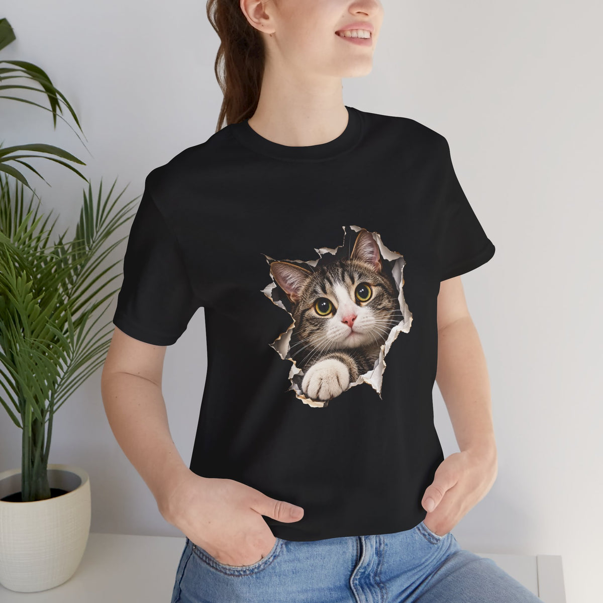 Curious Cat Breaking Through T-Shirt | Cute 3D Cat Tee – Small Design