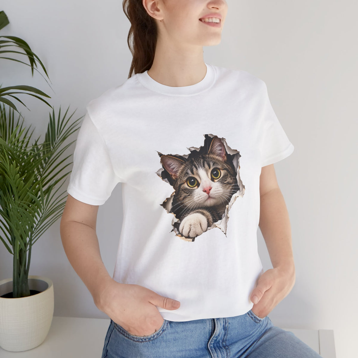 Curious Cat Breaking Through T-Shirt | Cute 3D Cat Tee – Small Design