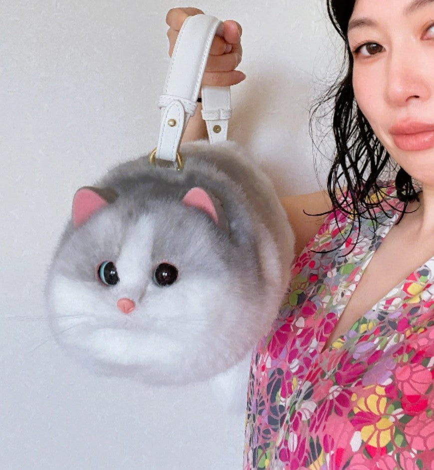 ふわもこ猫ちゃんハンドバッグ｜リアルなフェイスデザイン  (ハチワレ シルバー×ホワイト)