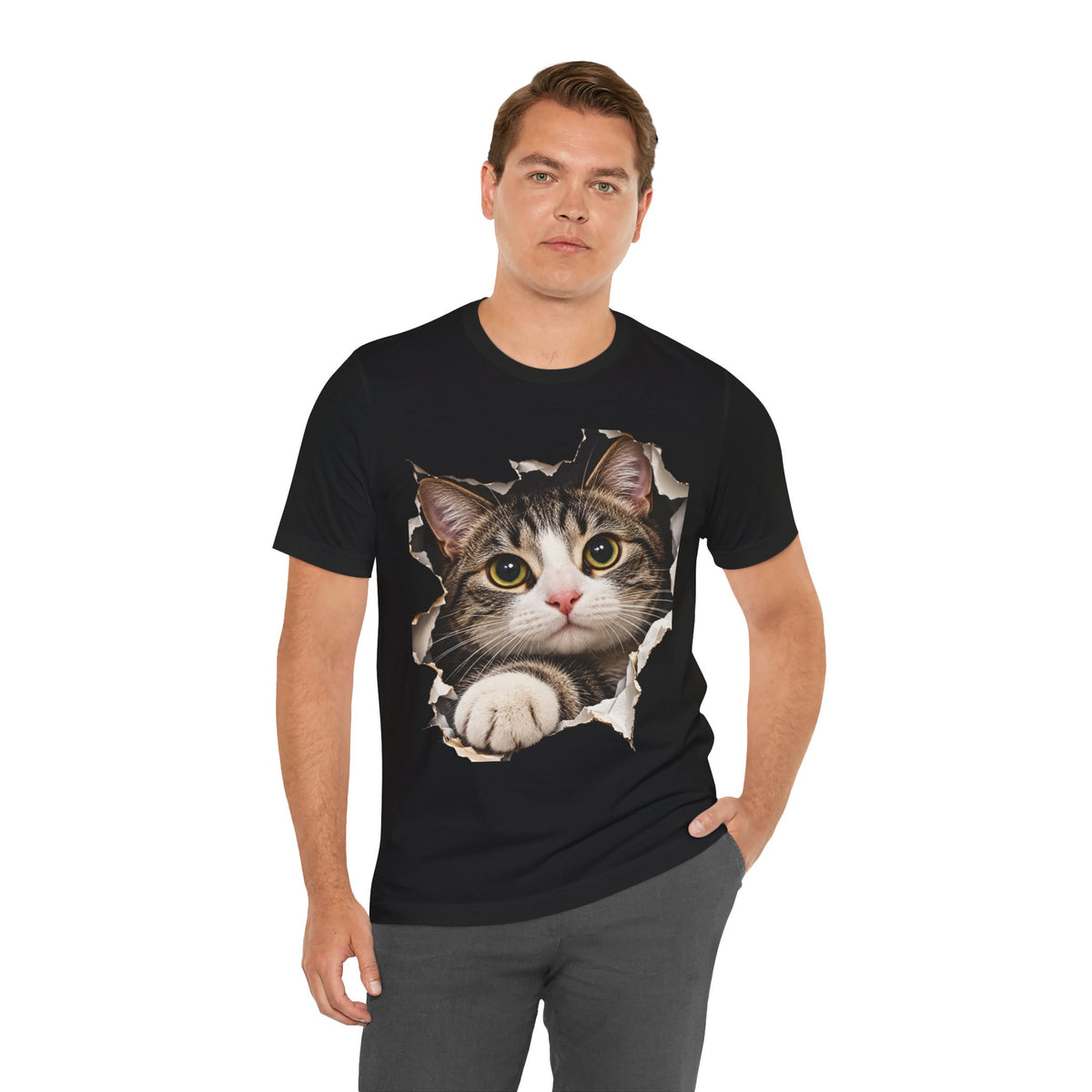 Curious Cat Breaking Through T-Shirt | Funny 3D Cat Tee