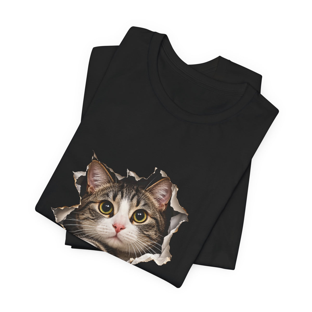 Curious Cat Breaking Through T-Shirt | Cute 3D Cat Tee – Small Design