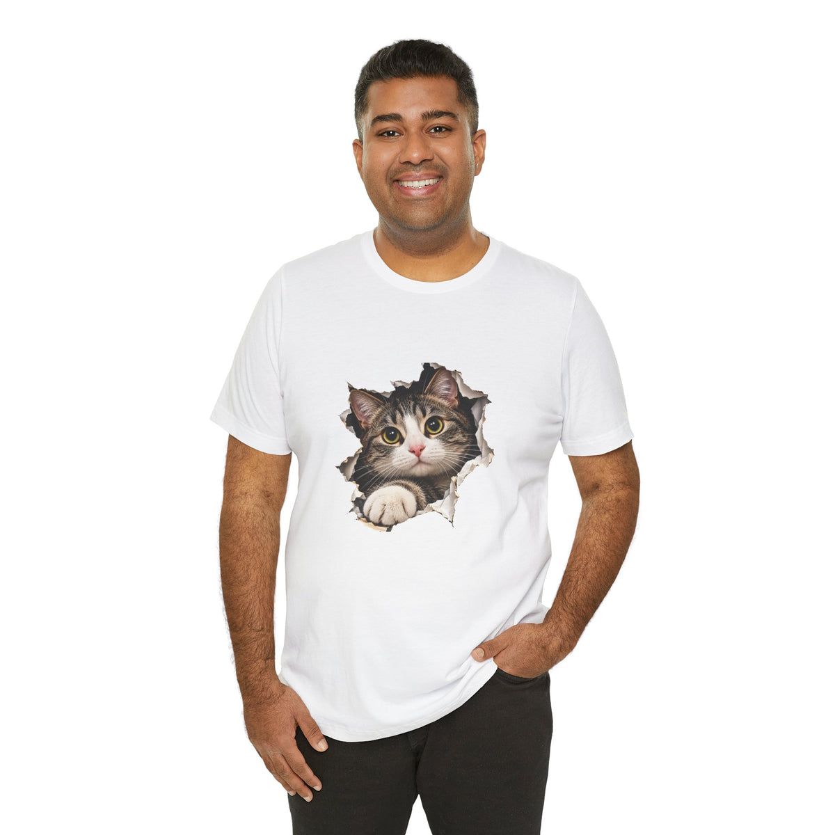 Curious Cat Breaking Through T-Shirt | Cute 3D Cat Tee – Small Design