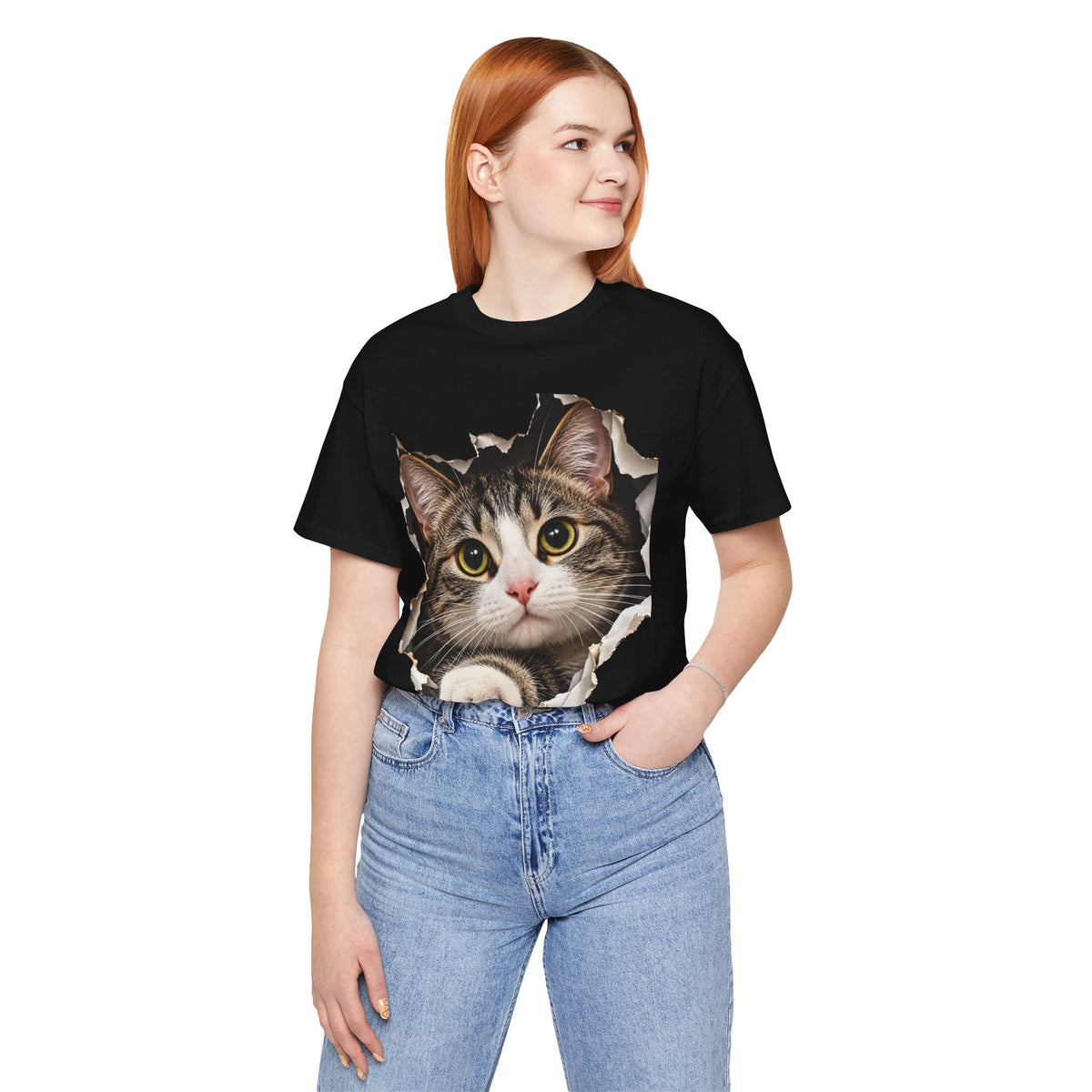 Curious Cat Breaking Through T-Shirt | Funny 3D Cat Tee