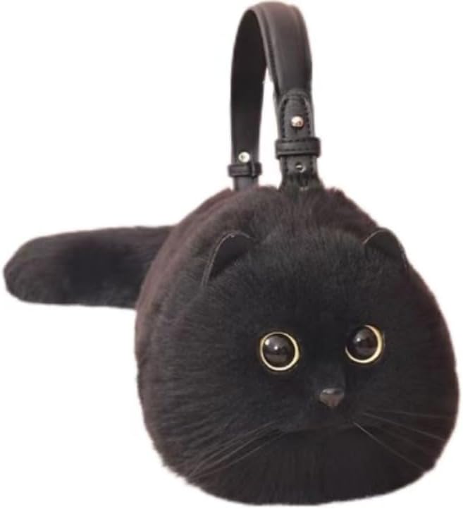 ふわもこ猫ちゃんハンドバッグ｜リアルなフェイスデザイン  (ブラック)