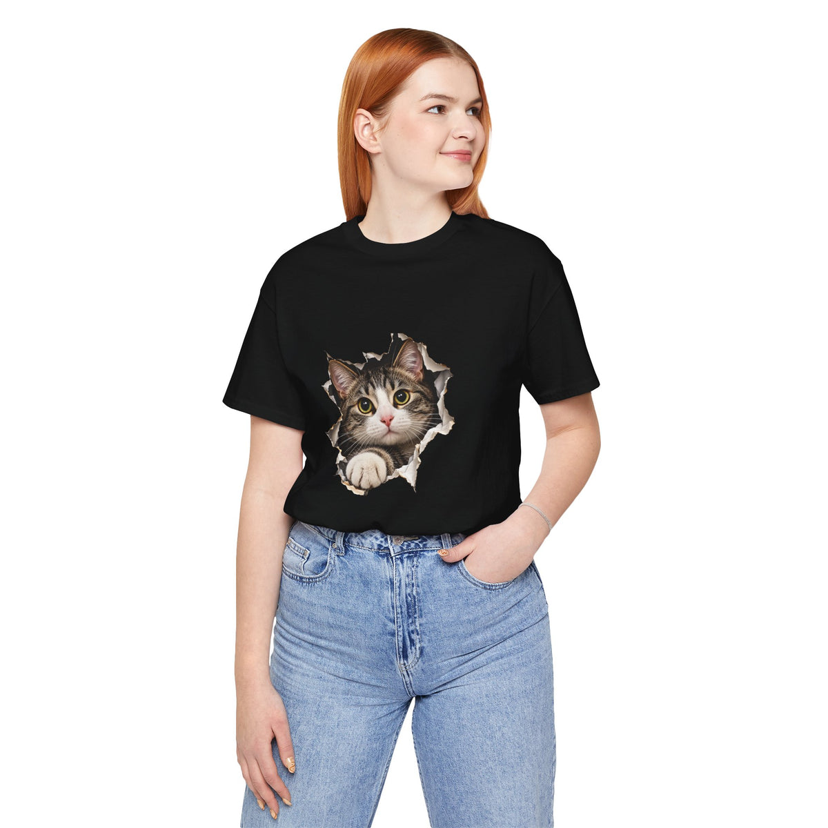 Curious Cat Breaking Through T-Shirt | Cute 3D Cat Tee – Small Design