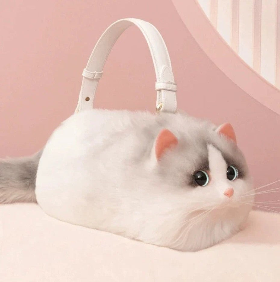 ふわもこ猫ちゃんハンドバッグ｜リアルなフェイスデザイン  (ハチワレ シルバー×ホワイト)