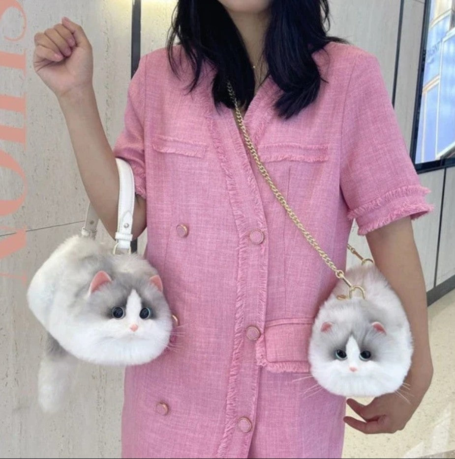 ふわもこ猫ちゃんハンドバッグ｜リアルなフェイスデザイン  (ハチワレ シルバー×ホワイト)