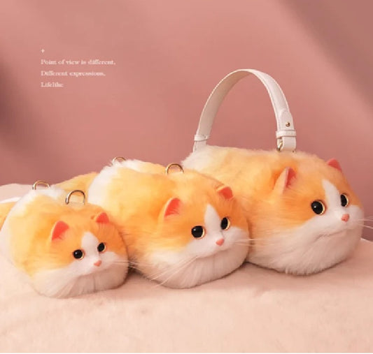 ふわもこ猫ちゃんハンドバッグ｜リアルなフェイスデザイン(ハチワレ オレンジ×ホワイト）